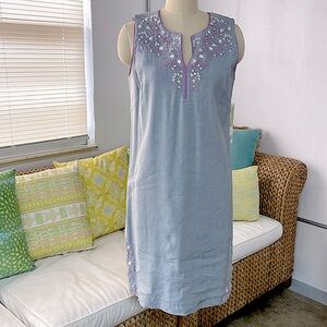 Sigrid Olsen Signature Embroidered and Beaded Sheath Dress Pale Gray Size